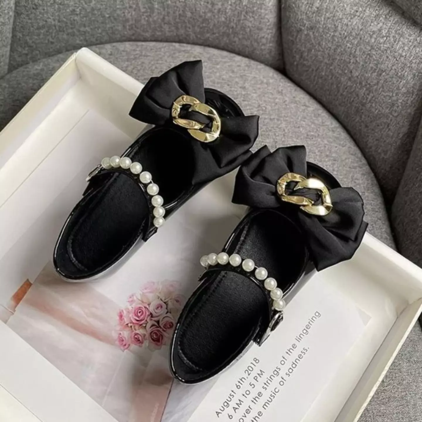 Girls Black Mary Jane Shoes with Chain Bow and Pearl Strap for Formal and Everyday Wear | Lucys 10442