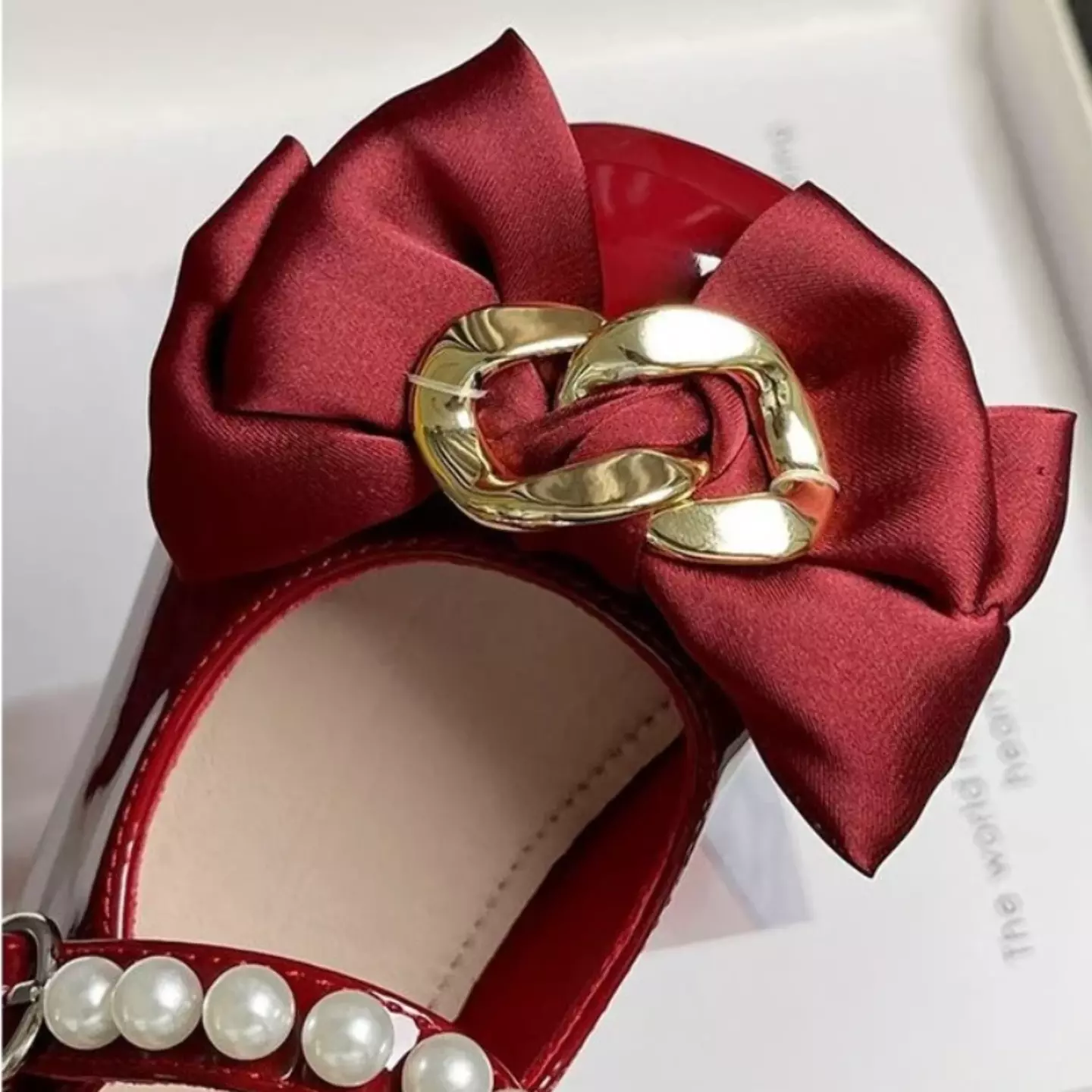 Girls Maroon Patent Mary Jane Party Shoes with Satin Bow and Pearl Strap | Lucys 10440