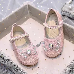 Girls Pink Glitter Mary Jane Shoes with Crystal Organza Bow and Pearl Strap | Lucys 10508