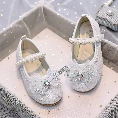 Girls White Glitter Mary Jane Shoes with Iridescent Crystal Bow | Lucys 10510