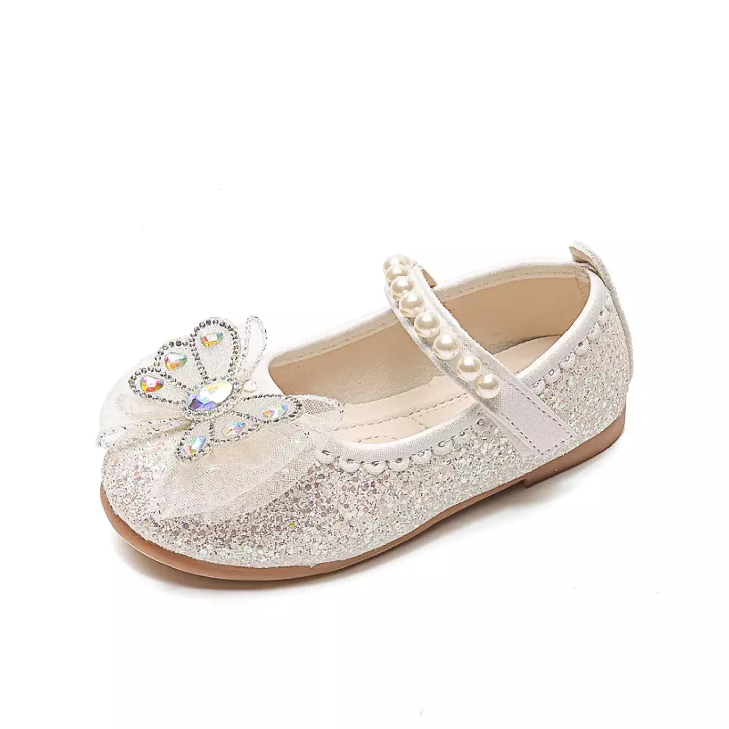 Girls White Glitter Mary Jane Shoes with Iridescent Crystal Bow | Lucys 10510