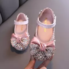 Girls Dusty Pink Satin Bow Mary Jane Party Shoes with Pearl Toe | Lucys 10520