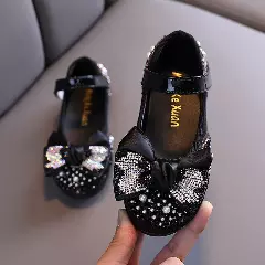 Girls Black Crystal Beaded Mary Jane Dress Shoes with Bow | Lucys 10521