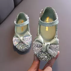 Girls Sage Green Sparkle Mary Jane Flats with Bow and Ankle Strap | Lucys 10522