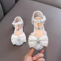 Girls Silver Sequin Bow Dress Sandals with Pearl Ankle Strap | Lucys 10532