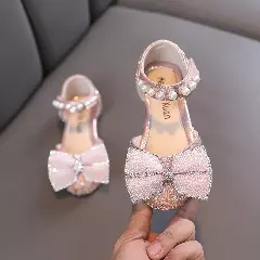 Girls Peach Pink Sequin Bow Summer Dress Sandals | Lucys 10534