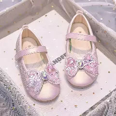 Girls Pink Sparkle Mary Jane Flats with Heart Crystal Butterfly Bow | Lucys 10553