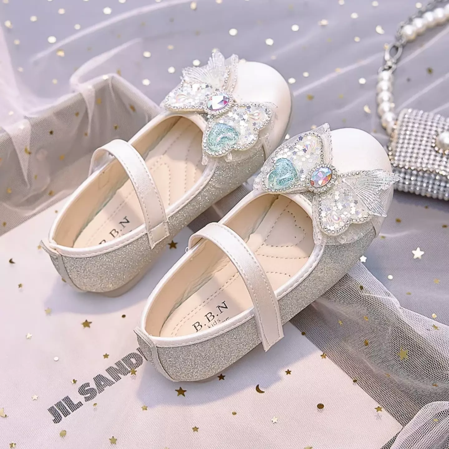 Girls Beige Glitter Mary Jane Shoes with Jewelled Butterfly Bow | Lucys 10552