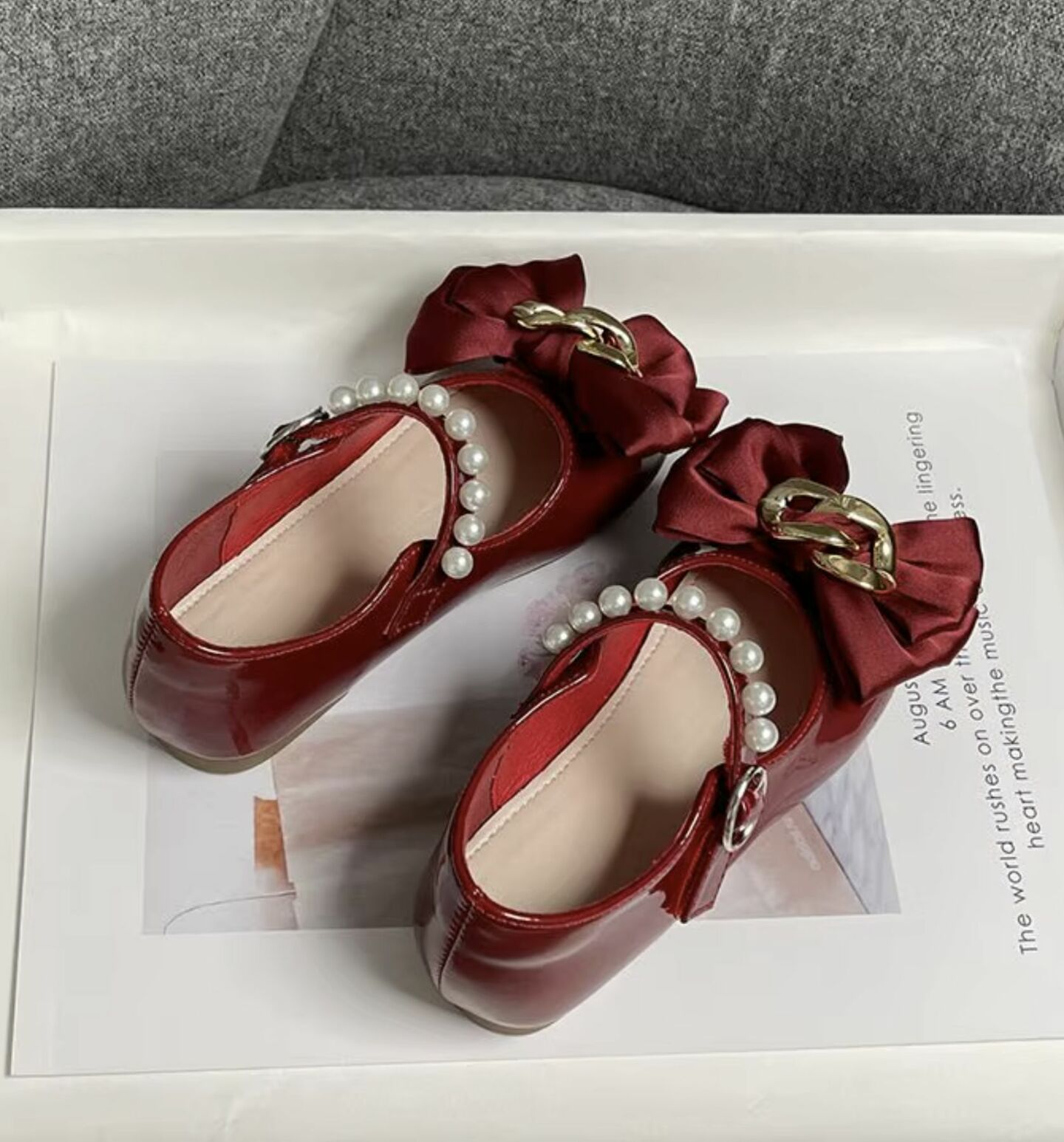 Girls Maroon Patent Mary Jane Party Shoes with Satin Bow and Pearl Strap | Lucys 10440