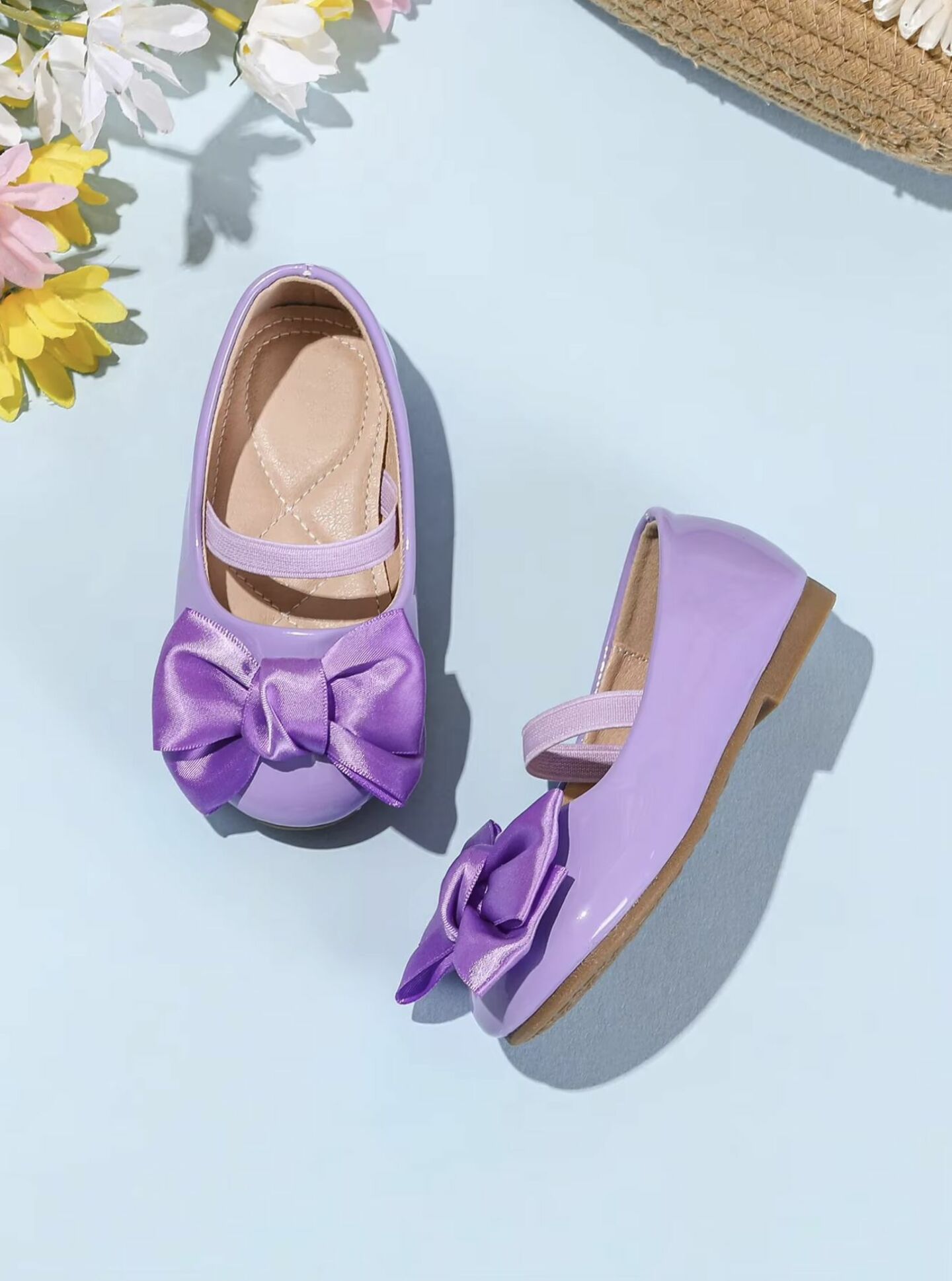 Baby, Toddler & Girls Lavender Satin Bow Strap Shoes | Lucys 10465