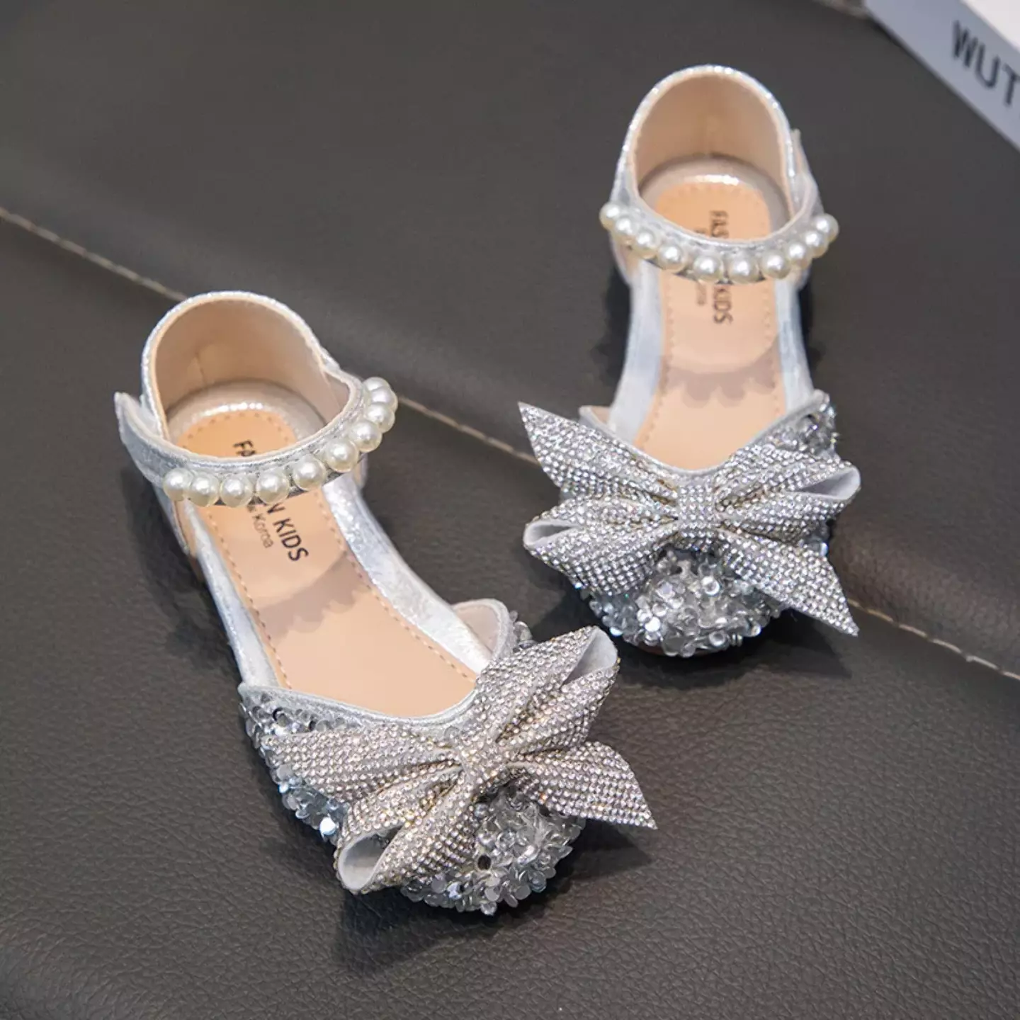Baby, Toddler & Girls Silver Rhinestone Bow Low Heel Party Shoes | Lucys 10581