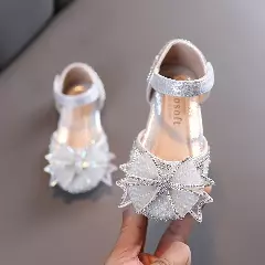 Girls Silver Rhinestone Bow Ankle Strap Dress Flats | Lucys 10585