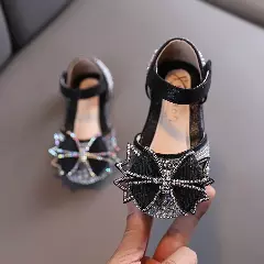 Girls Black Rhinestone Bow Ankle Strap Dress Flats | Lucys 10568