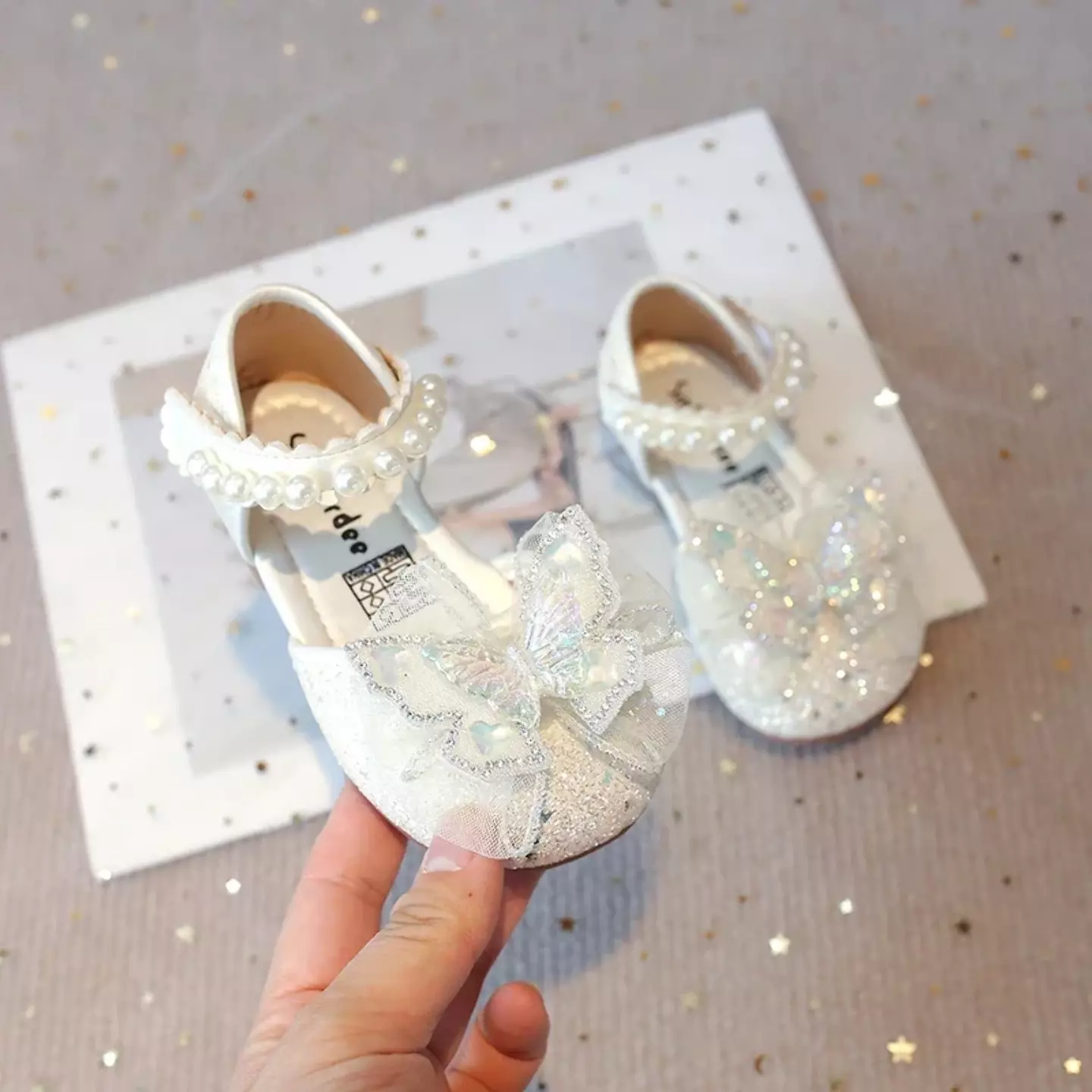 Baby, Toddler & Young Girls Ivory Glitter Pearl Strap Butterfly Dress Shoes | Lucys 10613
