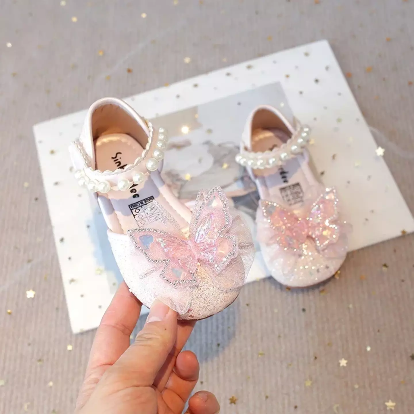 Baby, Toddler & Young Girls Pink Glitter Pearl Strap Butterfly Dress Shoes | Lucys 10612