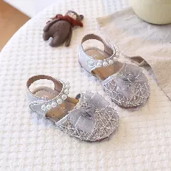 Baby, Toddler & Young Girls Grey Lattice Mesh Pearl Trim Dress Sandals | Lucys 10641
