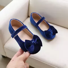 Baby, Toddler & Young Girls Blue Velvet Bow Strap Dress Flats | Lucys 10649