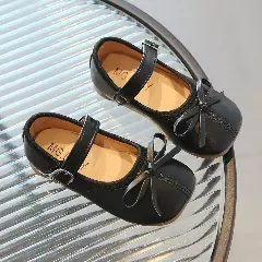 Baby, Toddler & Young Girls Black Bow Buckle Strap Ballet Flats | Lucys 10674