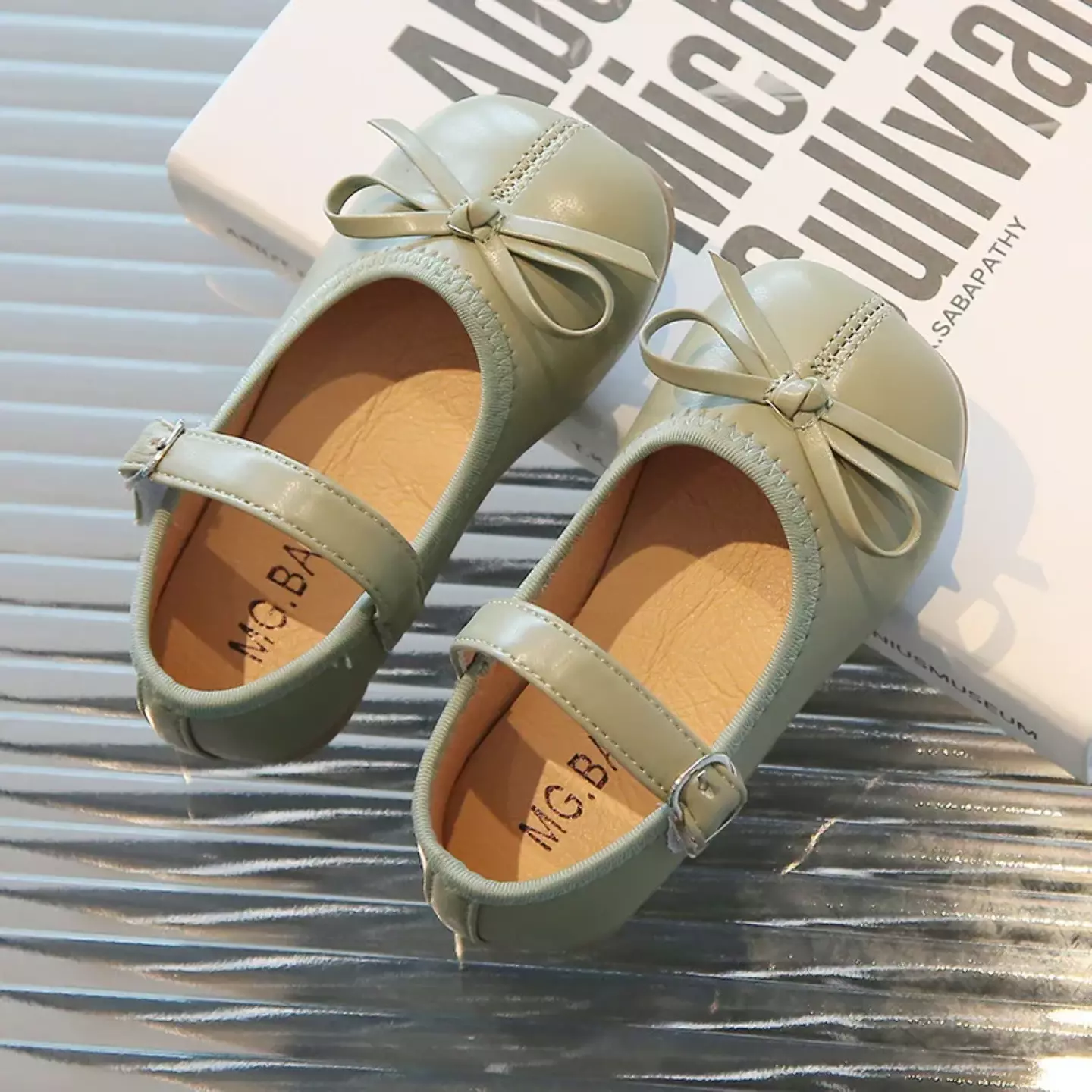 Baby, Toddler & Young Girls Green Bow Buckle Strap Ballet Flats | Lucys 10673