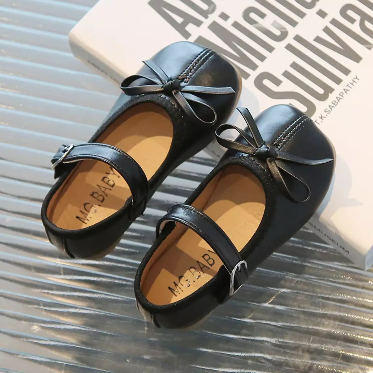 Baby, Toddler & Young Girls Black Bow Buckle Strap Ballet Flats | Lucys 10674