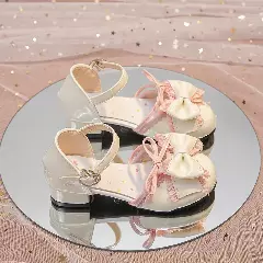 Girls Ivory Patent Frilled Lace Bow Block Heel Shoes with Ankle Strap | Lucys 10684