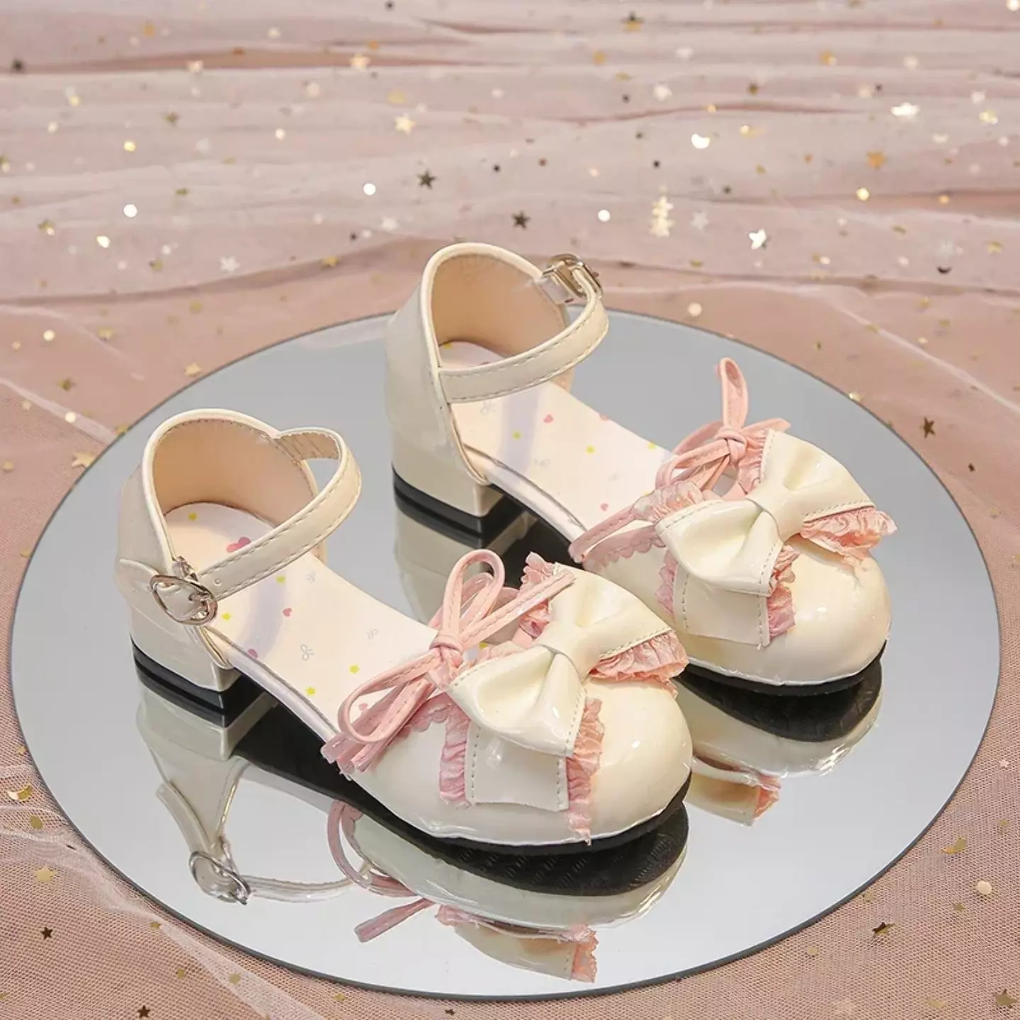 Girls Ivory Patent Frilled Lace Bow Block Heel Shoes with Ankle Strap | Lucys 10684
