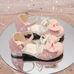 Girls Pink Frilled Lace Bow Block Heel Shoes with Buckle Ankle Strap | Lucys 10685