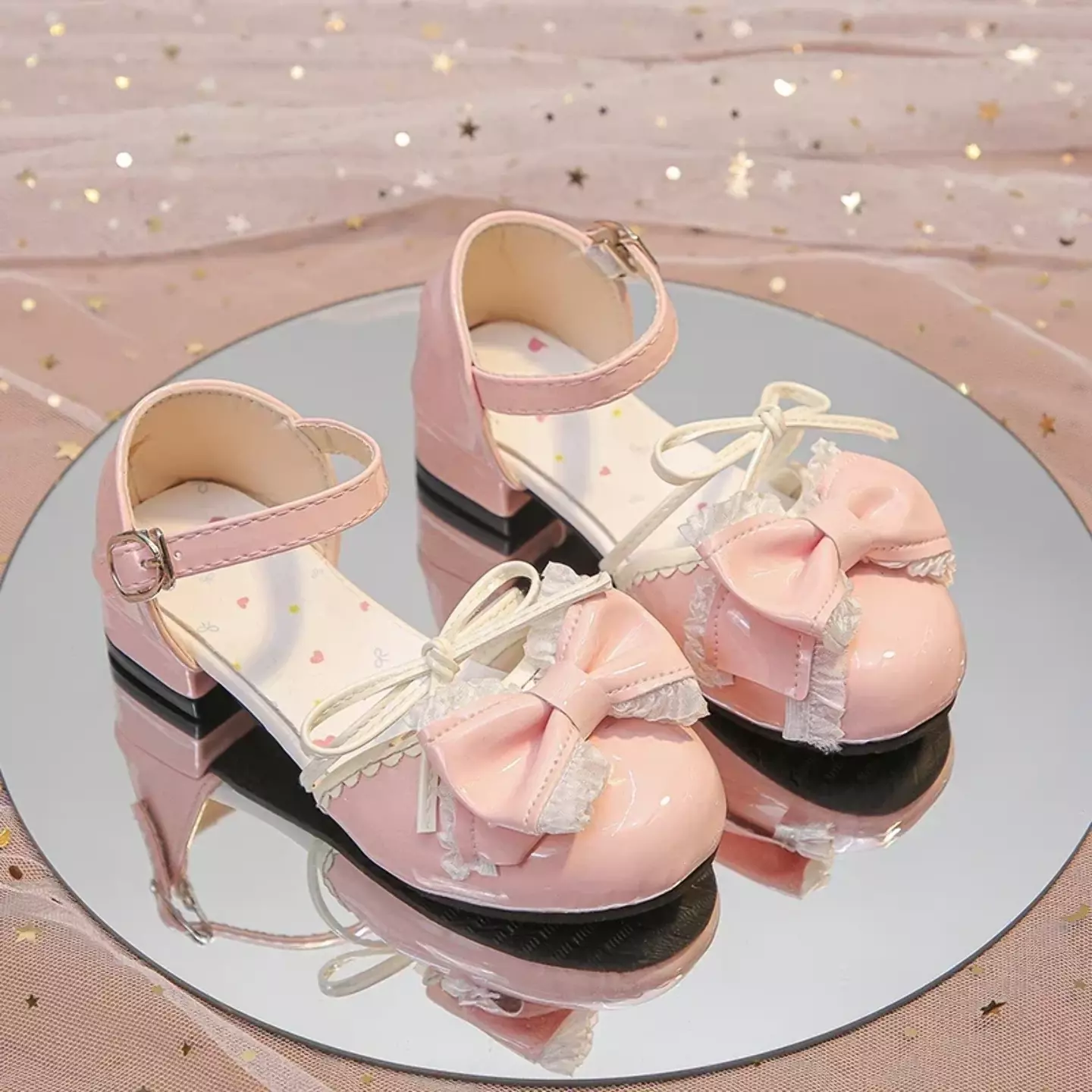 Girls Pink Frilled Lace Bow Block Heel Shoes with Buckle Ankle Strap | Lucys 10685