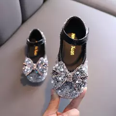 Baby, Toddler & Girls Black Pearl Beaded Bow Glitter Party Shoes | Lucys 10693