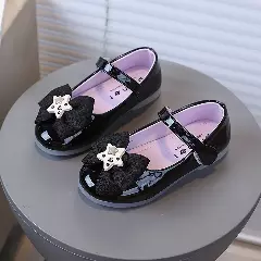 Toddler & Young Girls Black Star Charm Bow Patent Flats | Lucys 10756