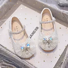 Girls Ivory Jewelled Strap Flats with Pleated Bow and Pearl Charm | Lucys 10769