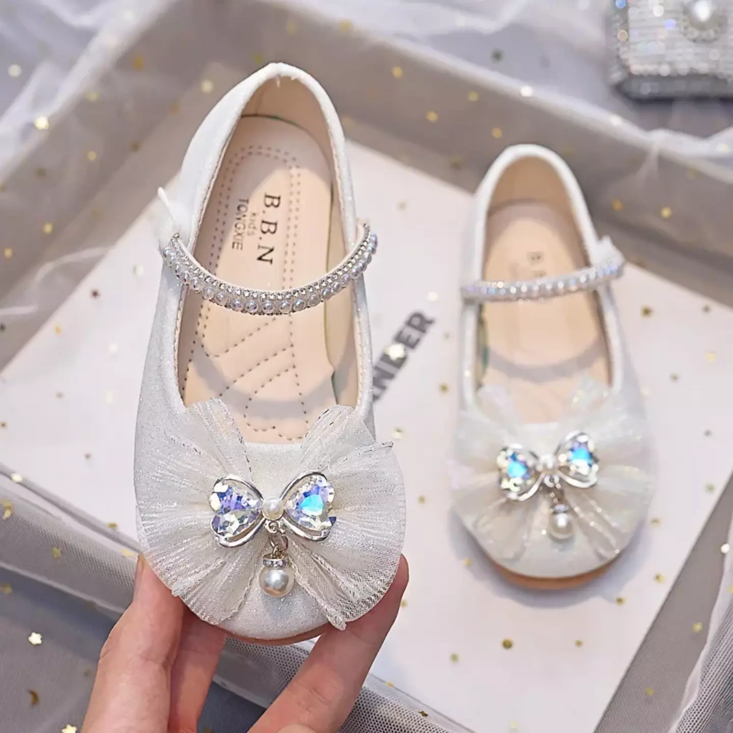 Girls Ivory Jewelled Strap Flats with Pleated Bow and Pearl Charm | Lucys 10769