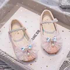 Girls Pink Pearl Drop Bow Dress Flats with Beaded Strap | Lucys 10768