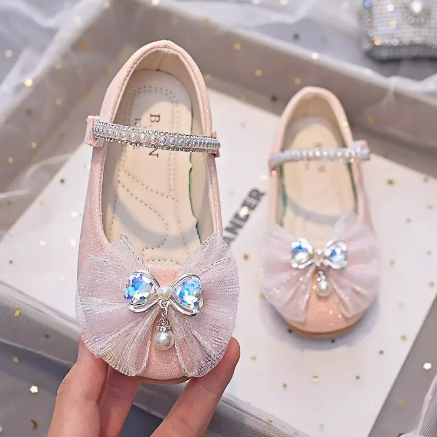 Girls Pink Pearl Drop Bow Dress Flats with Beaded Strap | Lucys 10768