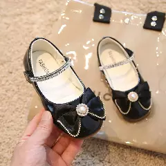 Girls Black Patent Pearl Medallion Bow Mary Janes | Lucys 10776