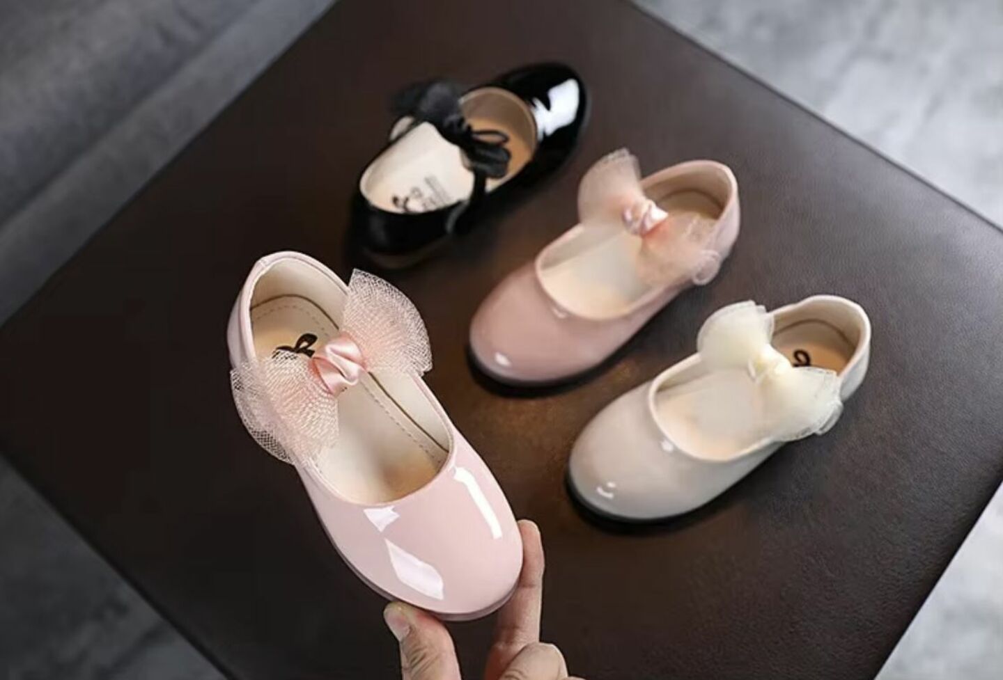 Baby & Young Girls Black Sheer Double Bow Adjustable Strap Flats | Lucys 10716