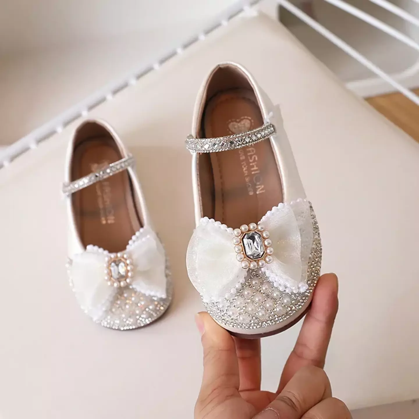 Baby, Toddler & Girls Ivory Pearl Studded Toe Bow Dress Shoes | Lucys 10825
