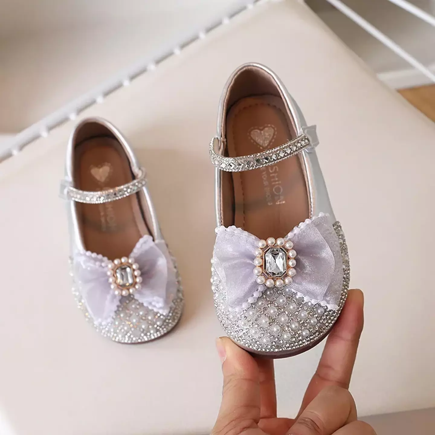 Baby, Toddler & Girls Silver Pearl Studded Toe Bow Dress Shoes | Lucys 10824