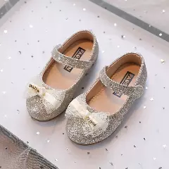 Baby, Toddler & Young Girls Champagne Glitter Tulle Bow Hook and Loop Party Shoes | Lucys 10832
