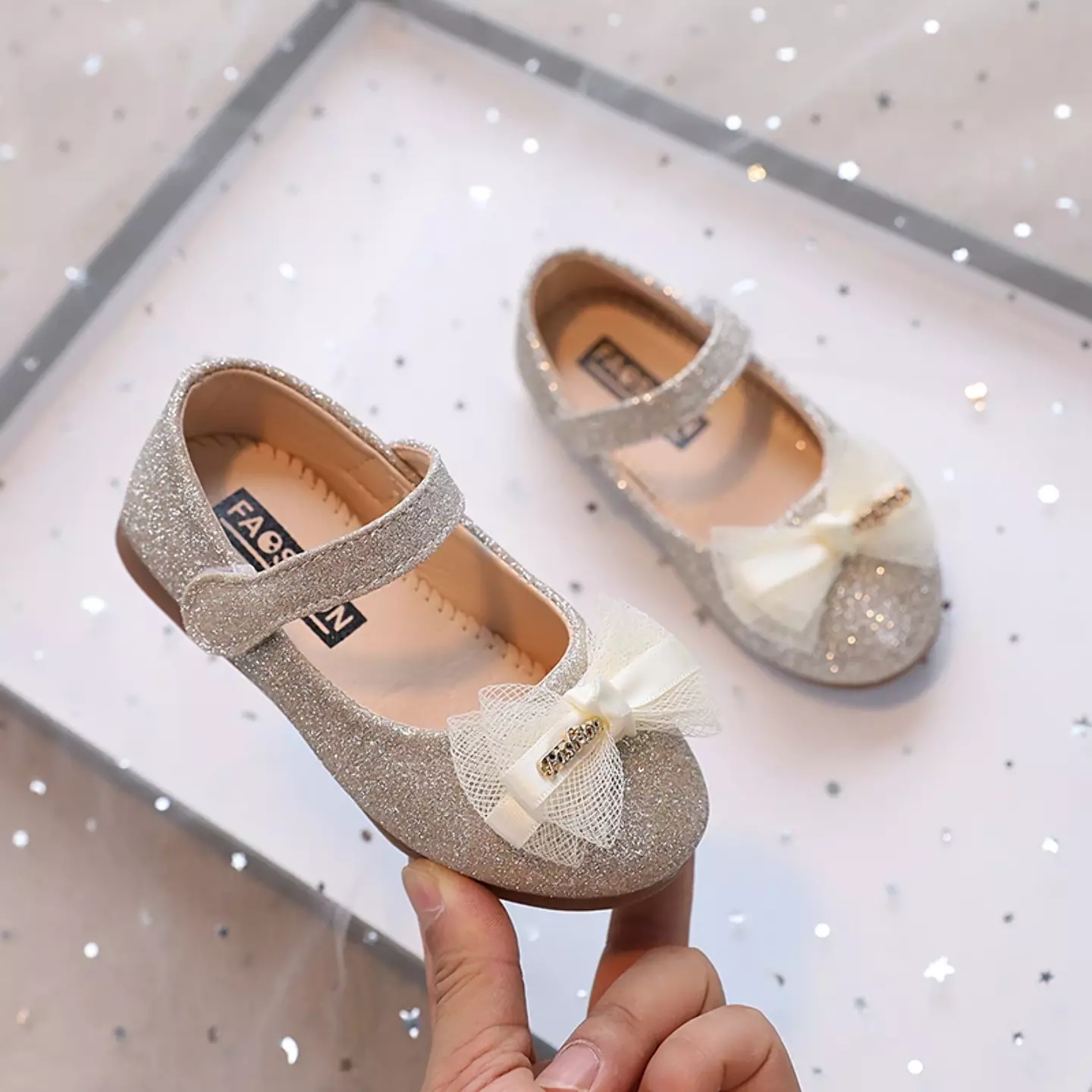 Baby, Toddler & Young Girls Champagne Glitter Tulle Bow Hook and Loop Party Shoes | Lucys 10832