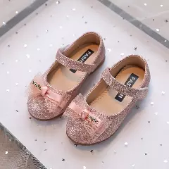 Baby, Toddler & Young Girls Dusty Pink Sparkle Bow Wide Strap Mary Jane Flats | Lucys 10833