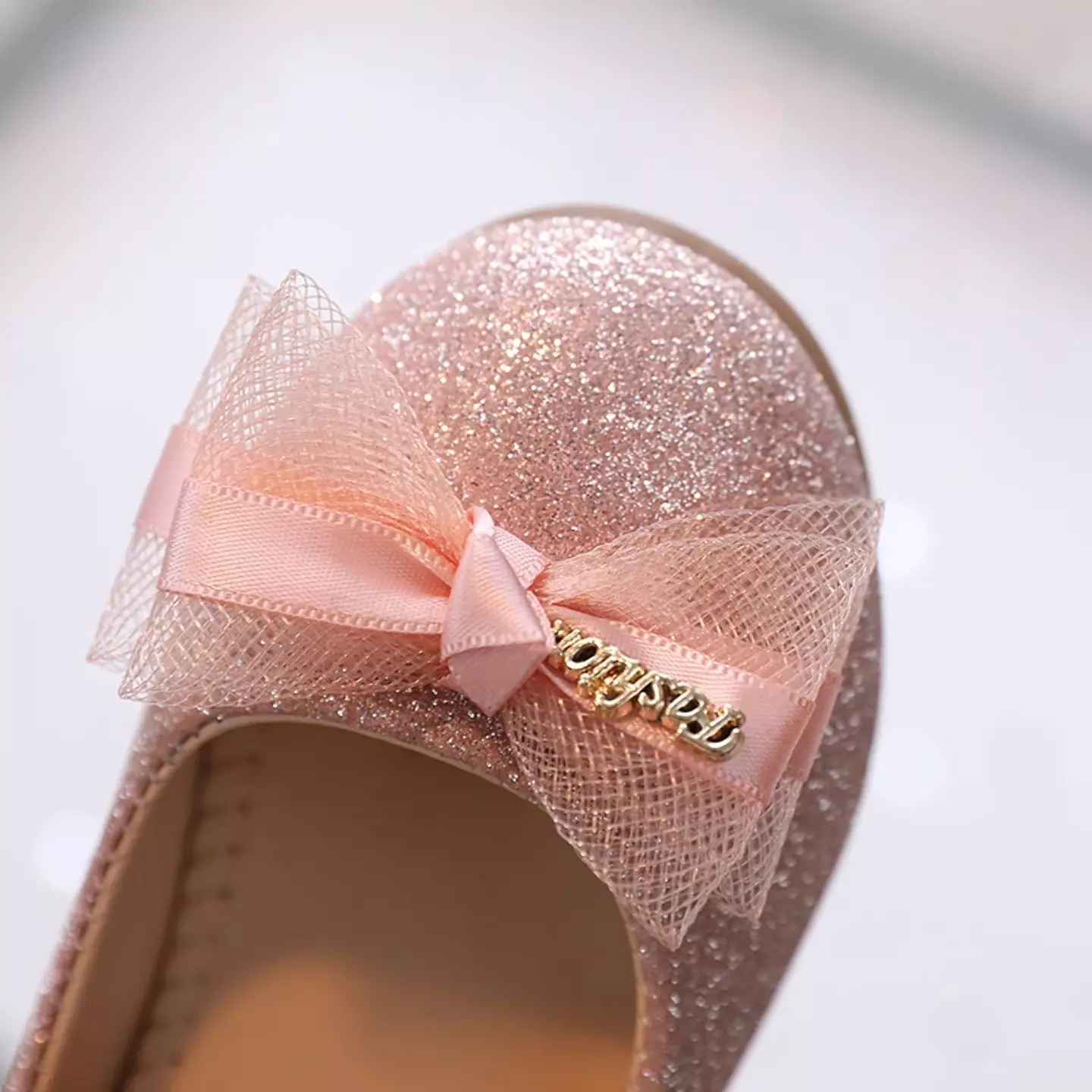 Baby, Toddler & Young Girls Dusty Pink Sparkle Bow Wide Strap Mary Jane Flats | Lucys 10833