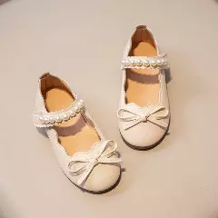 Baby, Toddler & Young Girls Beige Ribbon Bow Beaded Strap Dress Shoes | Lucys 10841