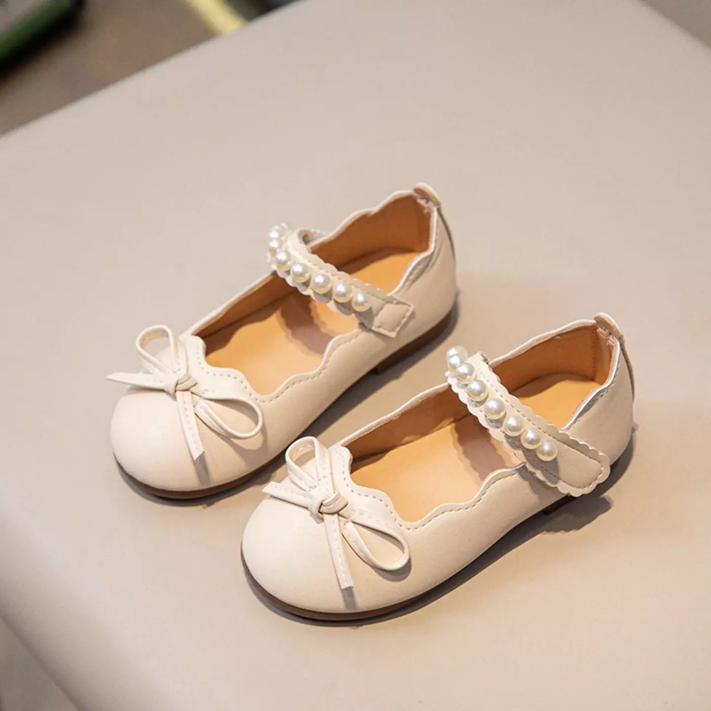 Baby, Toddler & Young Girls Beige Ribbon Bow Beaded Strap Dress Shoes | Lucys 10841