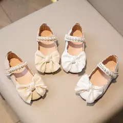 Baby, Toddler & Young Girls Beige Puff Bow Pearl Row Round Toe Flats | Lucys 10849