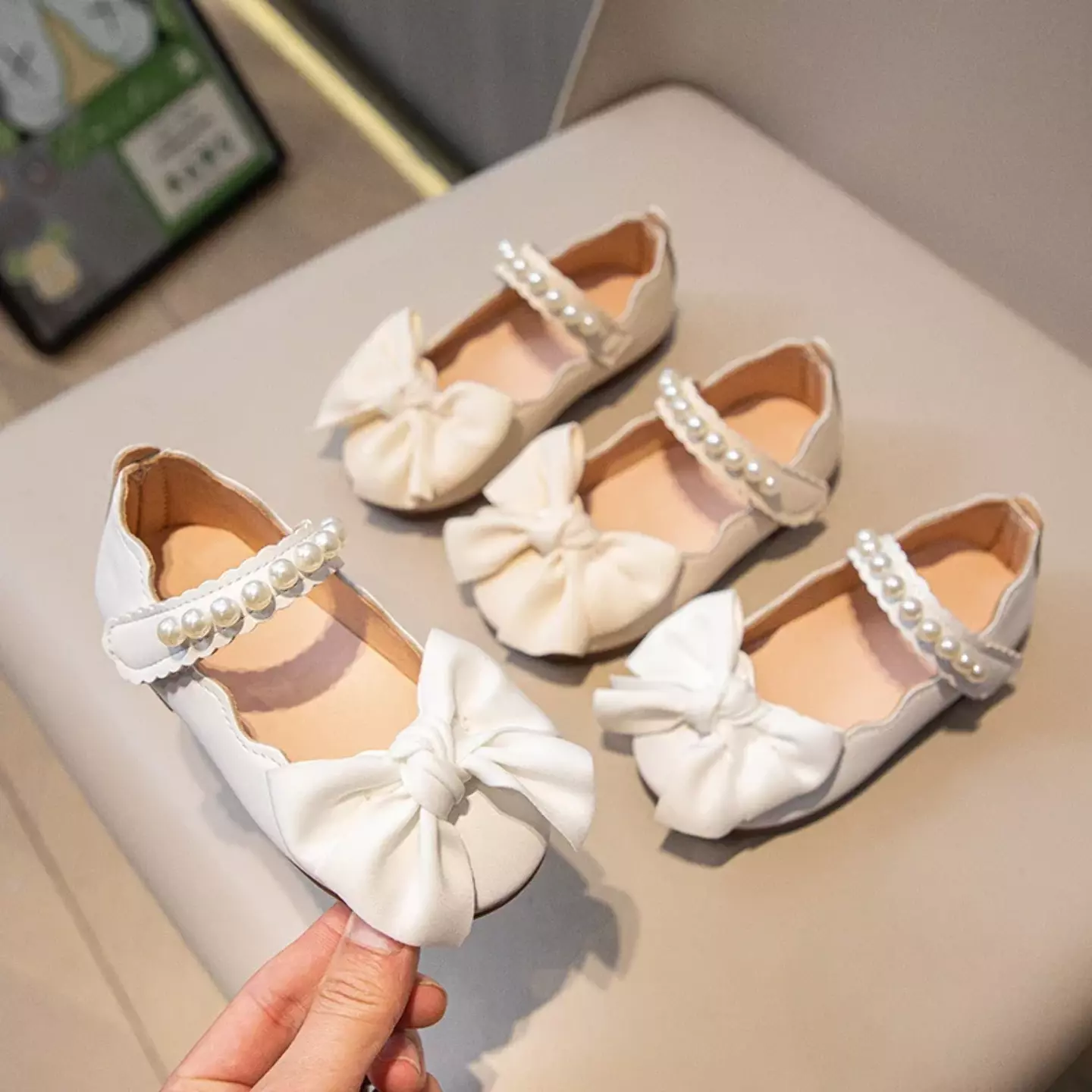 Baby, Toddler & Young Girls Beige Puff Bow Pearl Row Round Toe Flats | Lucys 10849