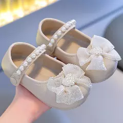 Baby, Toddler & Young Girls Ivory Lustre Bow Pearl Strap Dress Shoes | Lucys 10864