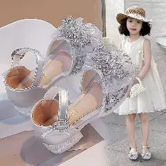 Young Girls & Girls Silver Open Side Crystal Toe Block Heel Shoes | Lucys 10885