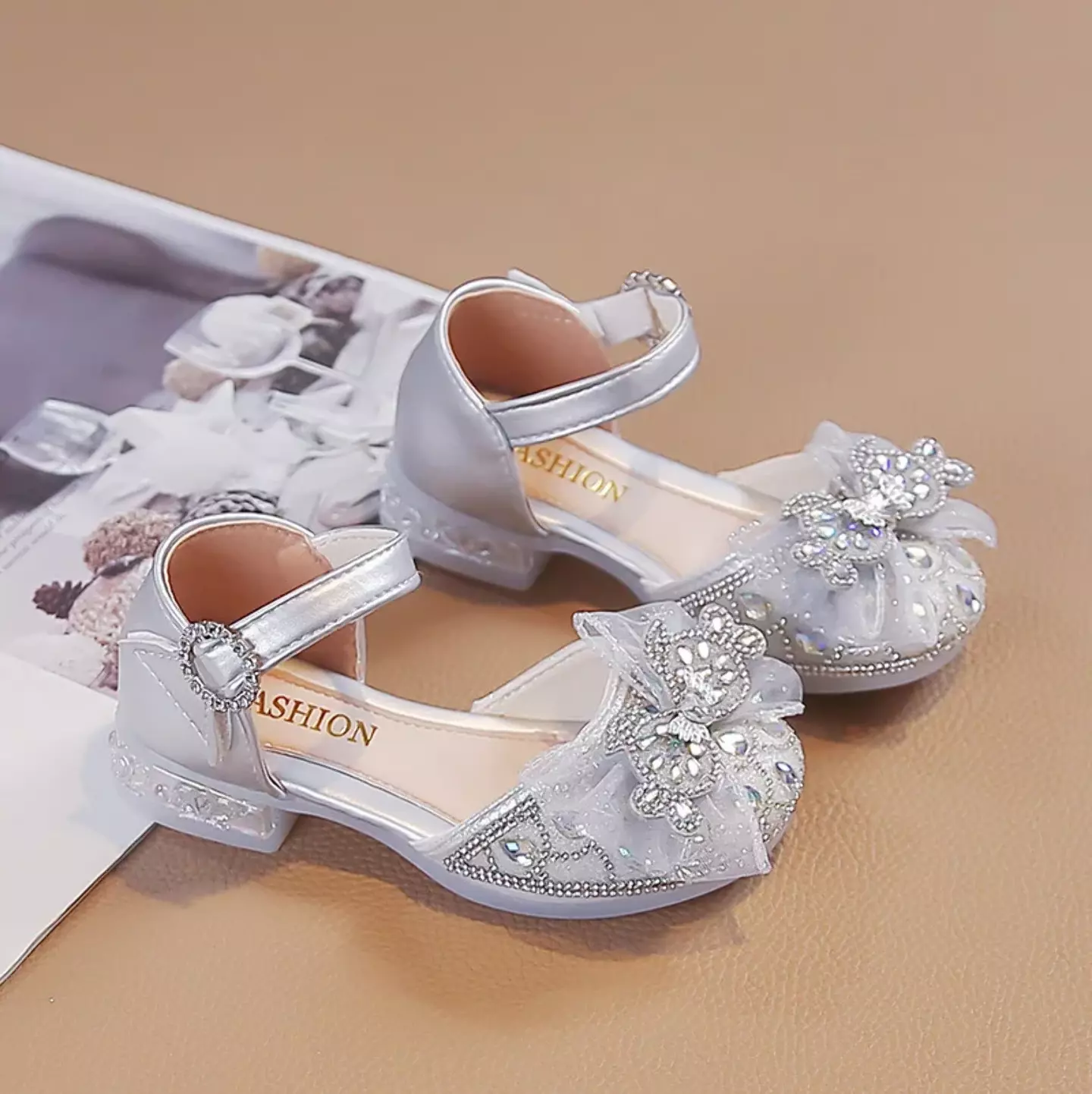 Young Girls & Girls Silver Open Side Crystal Toe Block Heel Shoes | Lucys 10885
