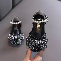 Baby, Toddler, Young Girls & Girls Black Scattered Crystal Sheer Bow Dress Shoes | Lucys 10893